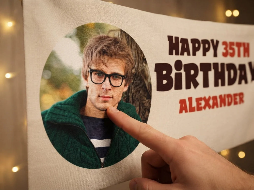 Close-up of the personalised name and photo printed on the Oktober Fest Birthday Party Banner