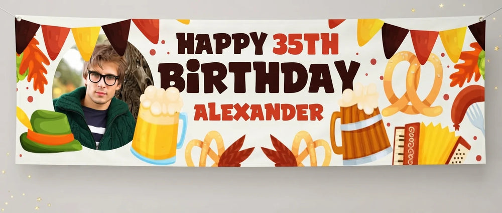 Personalised Oktober Fest Birthday Party Banner displayed against a plain studio background