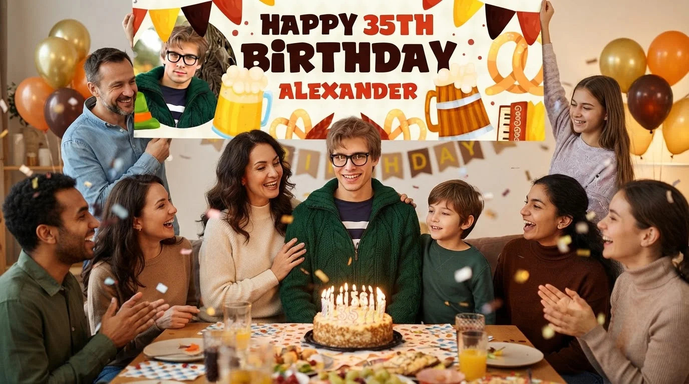 Friends and family celebrating with the personalised Oktober Fest Birthday Party Banner
