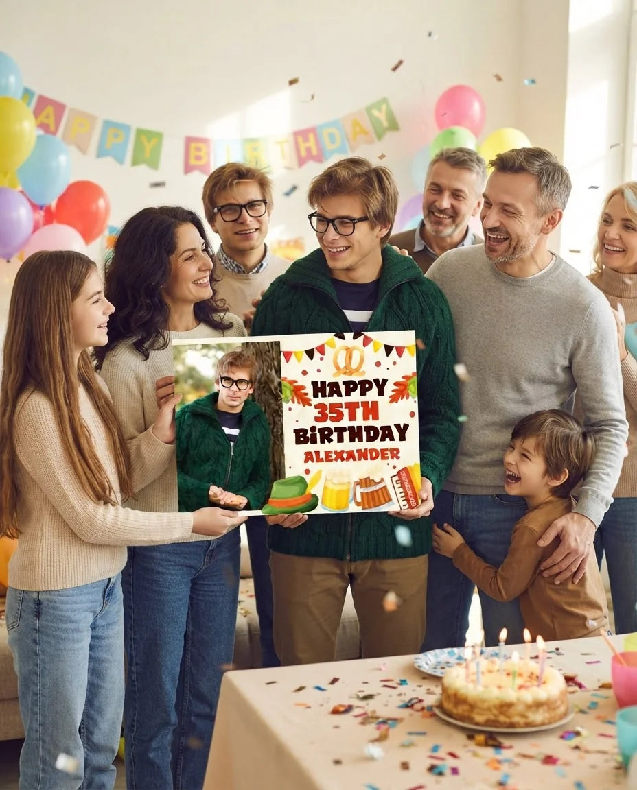 Friends and family celebrating with the personalised Oktober Fest Birthday Party Mega Card