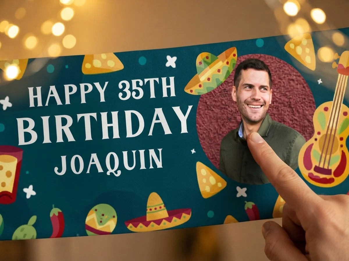 Close-up of the personalised name and photo printed on the Taco Theme Birthday Party Banner
