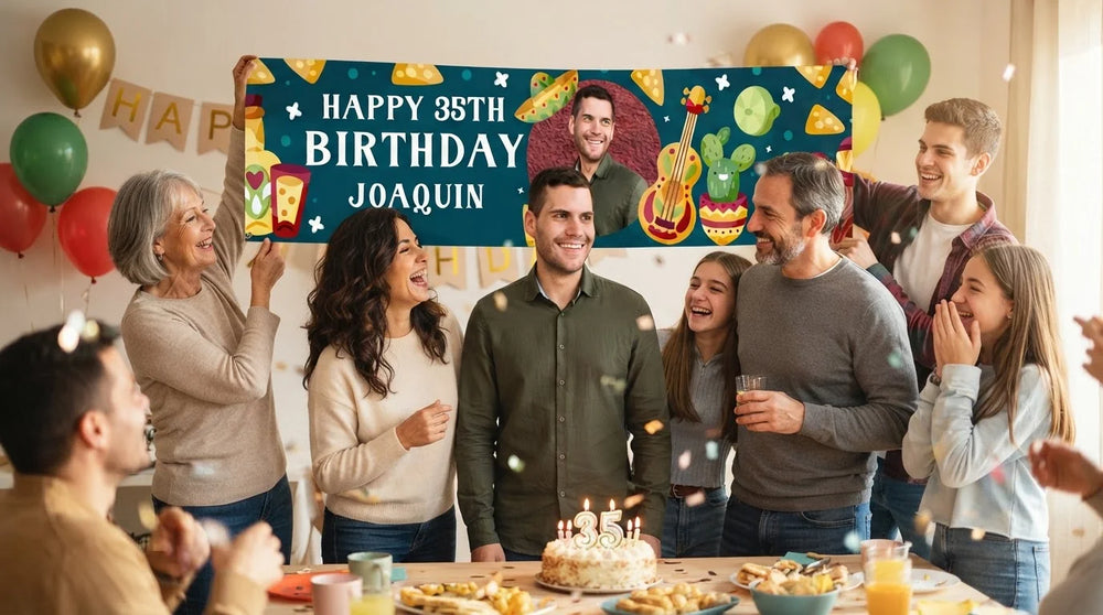 Friends and family celebrating with the personalised Taco Theme Birthday Party Banner