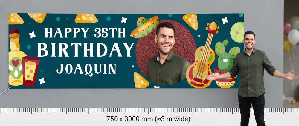 Person standing beside the Taco Theme Birthday Party Banner for scale, with size guide showing 750 x 3000 mm