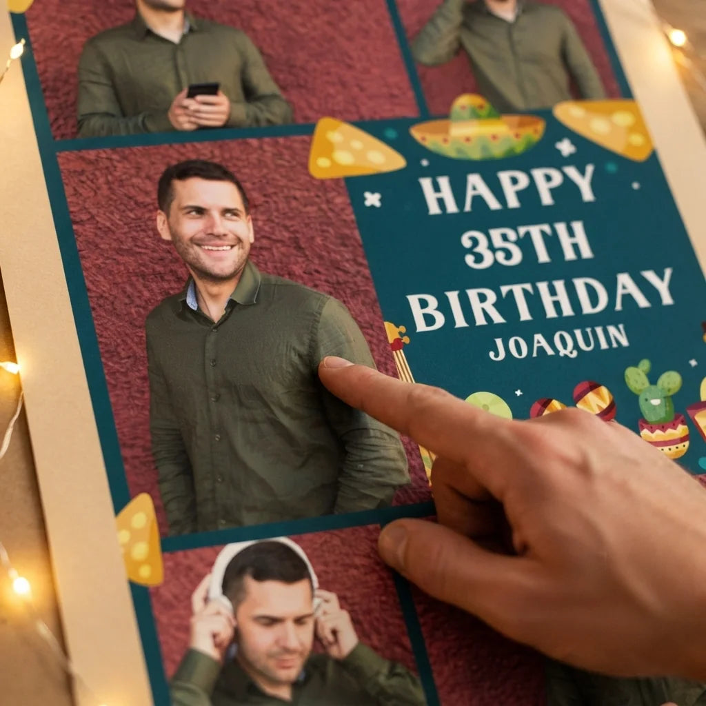 Close-up of the personalised name and photo printed on the Taco Theme Birthday Party Mega Card