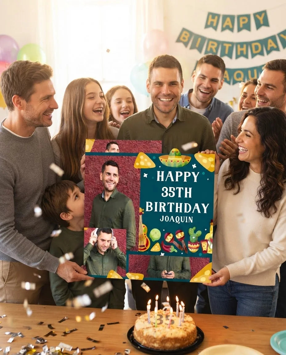 Friends and family celebrating with the personalised Taco Theme Birthday Party Mega Card