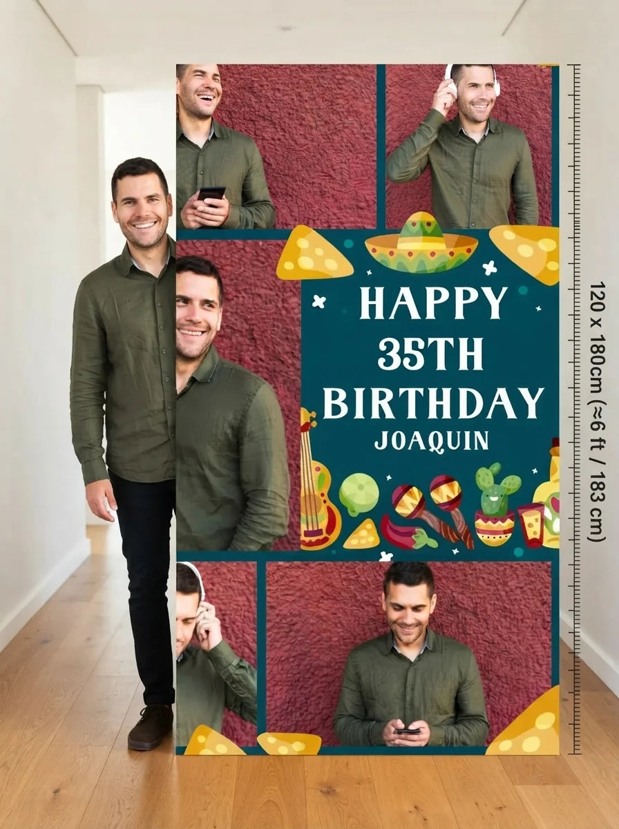 Person standing beside the Taco Theme Birthday Party Mega Card for scale in a size guide