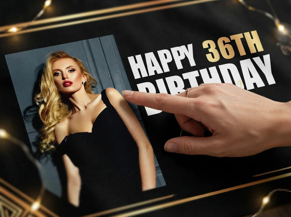 Close-up of the personalised name and photo printed on the Great Gatsby Theme Birthday Party Banner