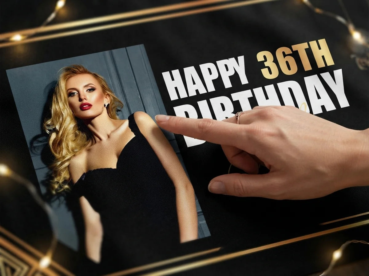 Close-up of the personalised name and photo printed on the Great Gatsby Theme Birthday Party Banner
