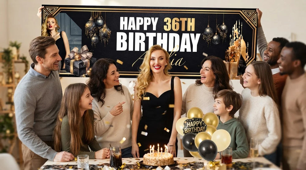 Friends and family celebrating with the personalised Great Gatsby Theme Birthday Party Banner