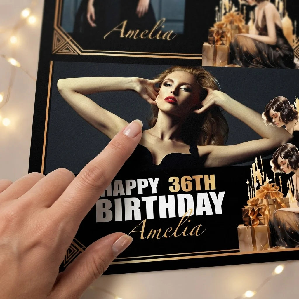 Close-up of the personalised name and photo printed on the Great Gatsby Theme Birthday Party Mega Card