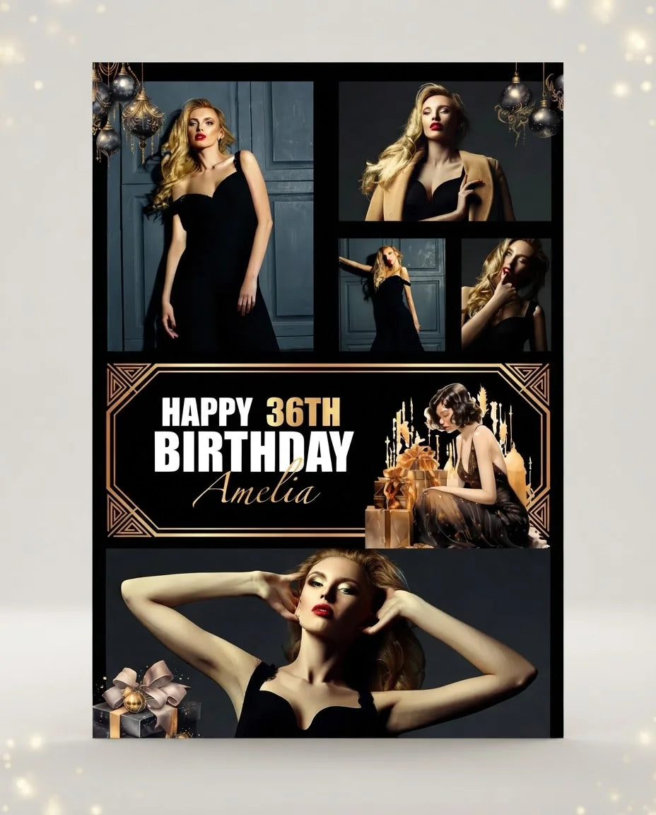 Personalised Great Gatsby Theme Birthday Party Mega Card displayed against a plain studio background