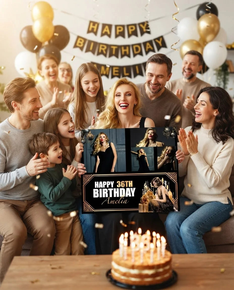 Friends and family celebrating with the personalised Great Gatsby Theme Birthday Party Mega Card