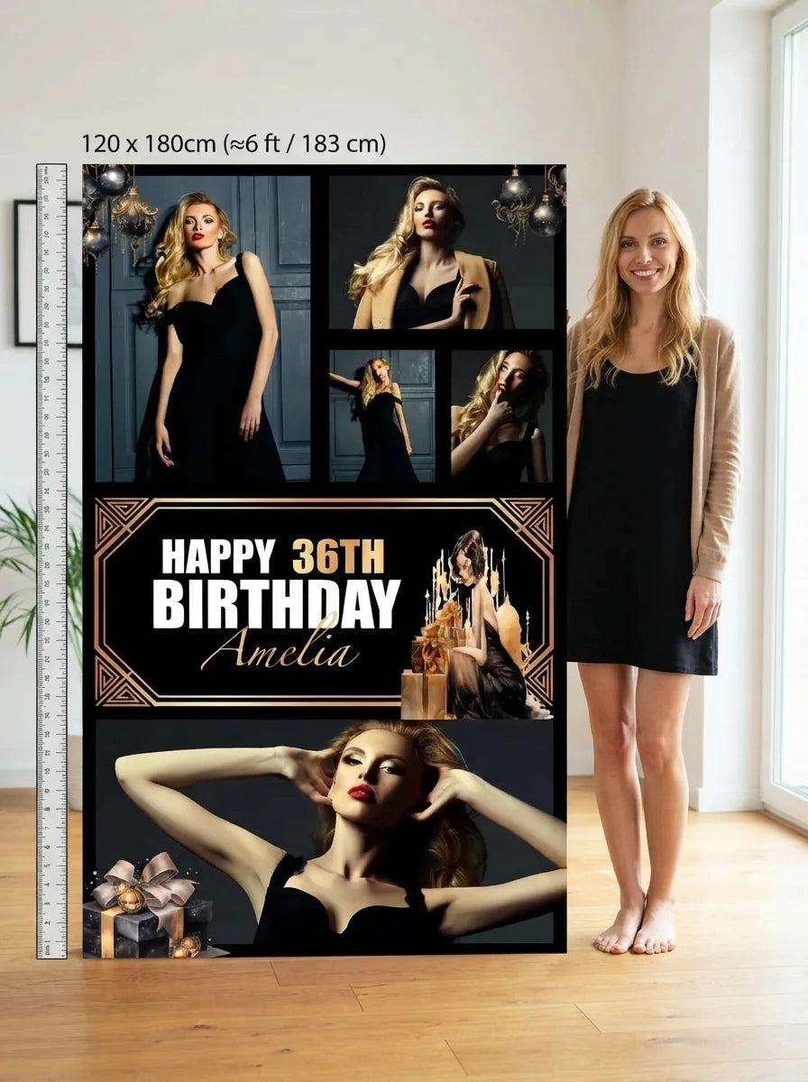 Person standing beside the Great Gatsby Theme Birthday Party Mega Card for scale in a size guide