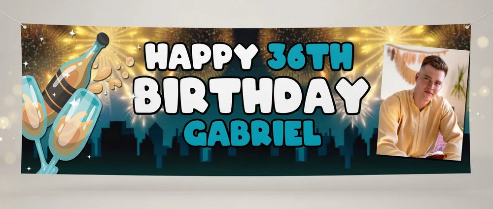 Personalised New Years Eve Birthday Party Banner displayed against a plain studio background