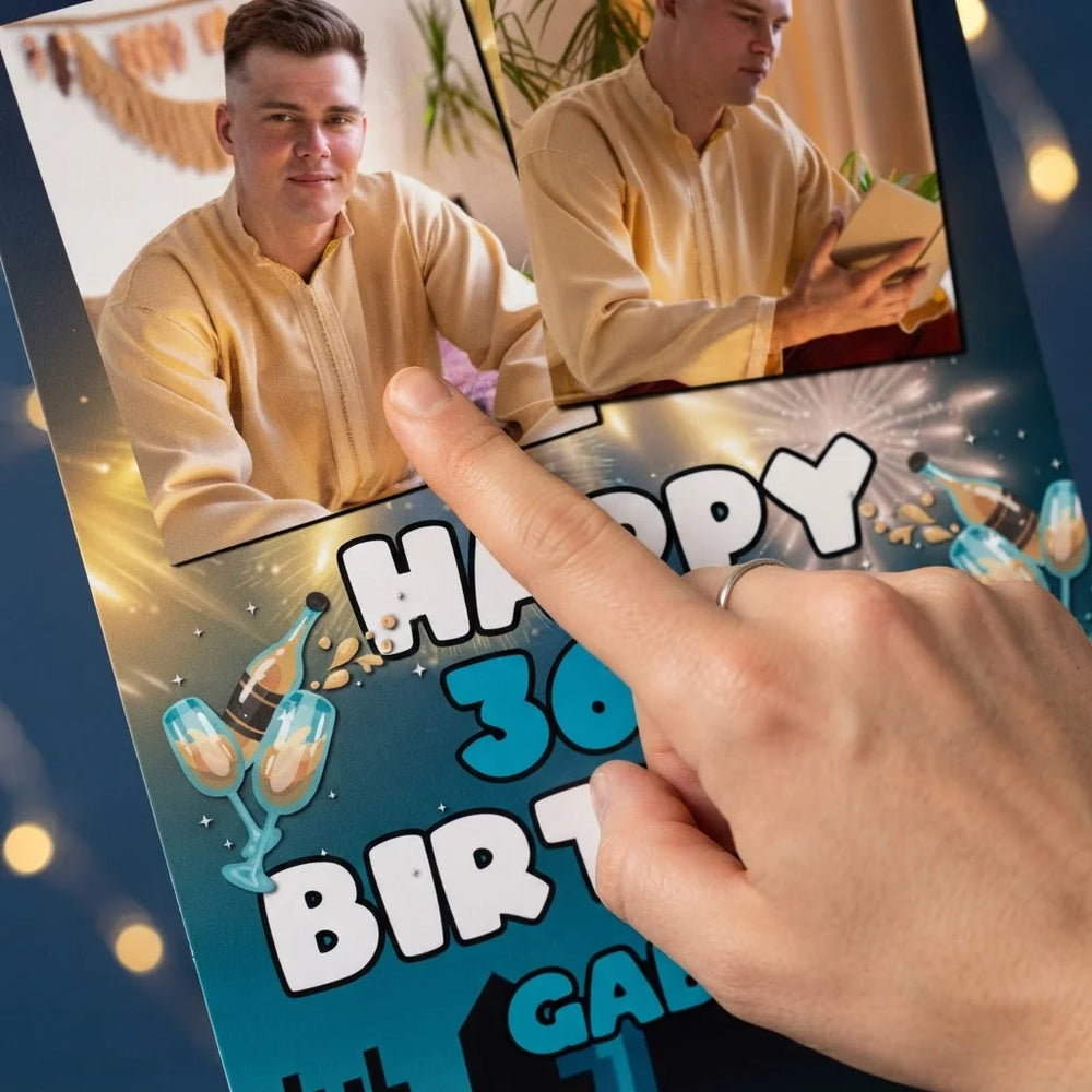 Close-up of the personalised name and photo printed on the New Years Eve Birthday Party Mega Card