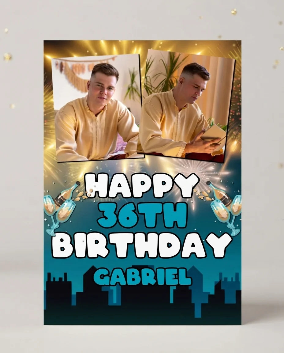 Personalised New Years Eve Birthday Party Mega Card displayed against a plain studio background