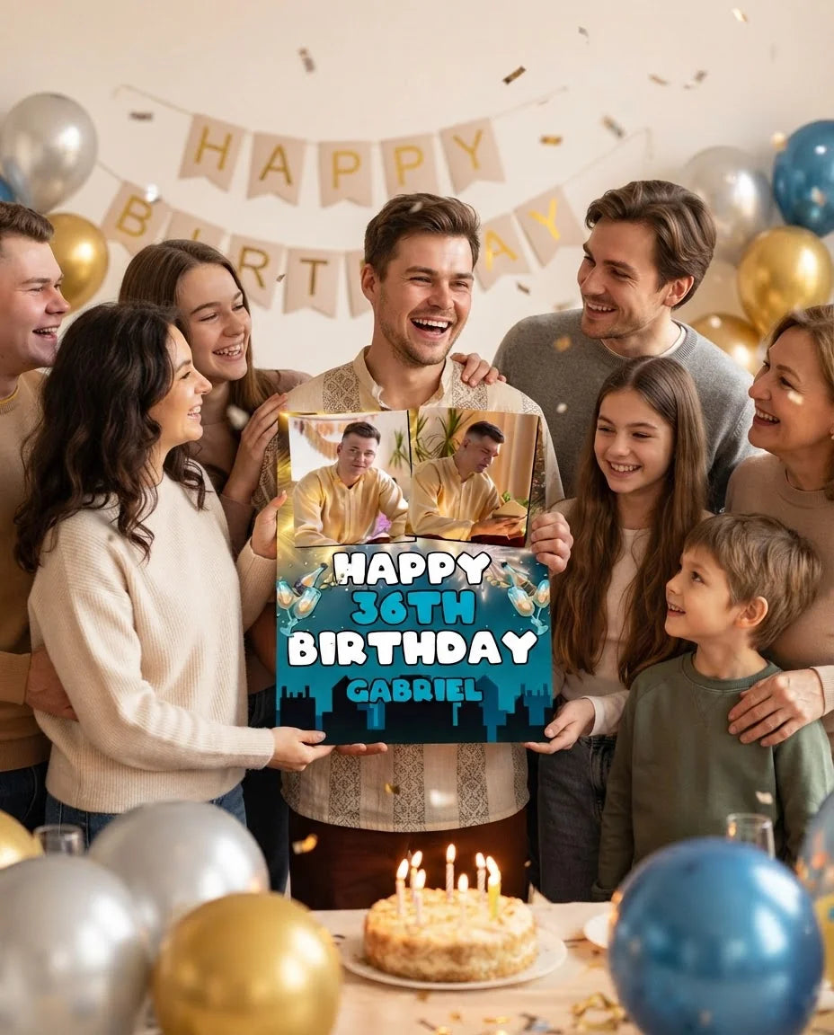 Friends and family celebrating with the personalised New Years Eve Birthday Party Mega Card