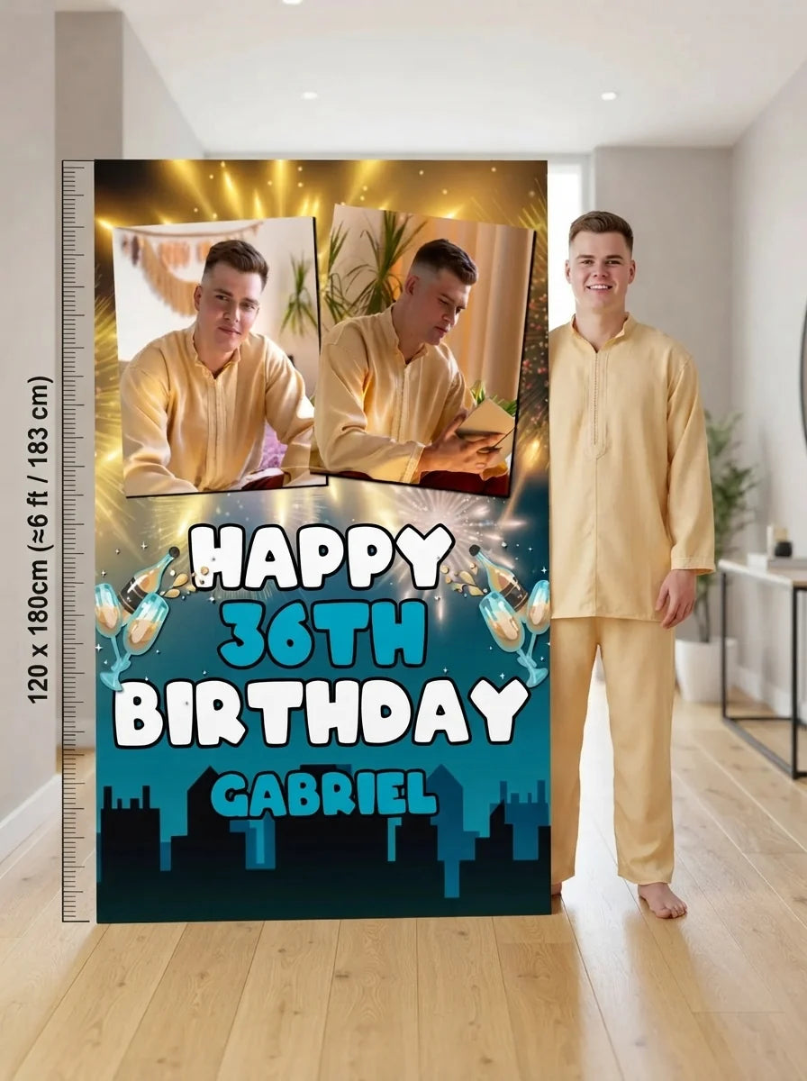 Person standing beside the New Years Eve Birthday Party Mega Card for scale in a size guide