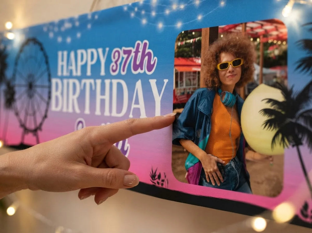 Close-up of the personalised name and photo printed on the Coachella Theme Birthday Party Banner