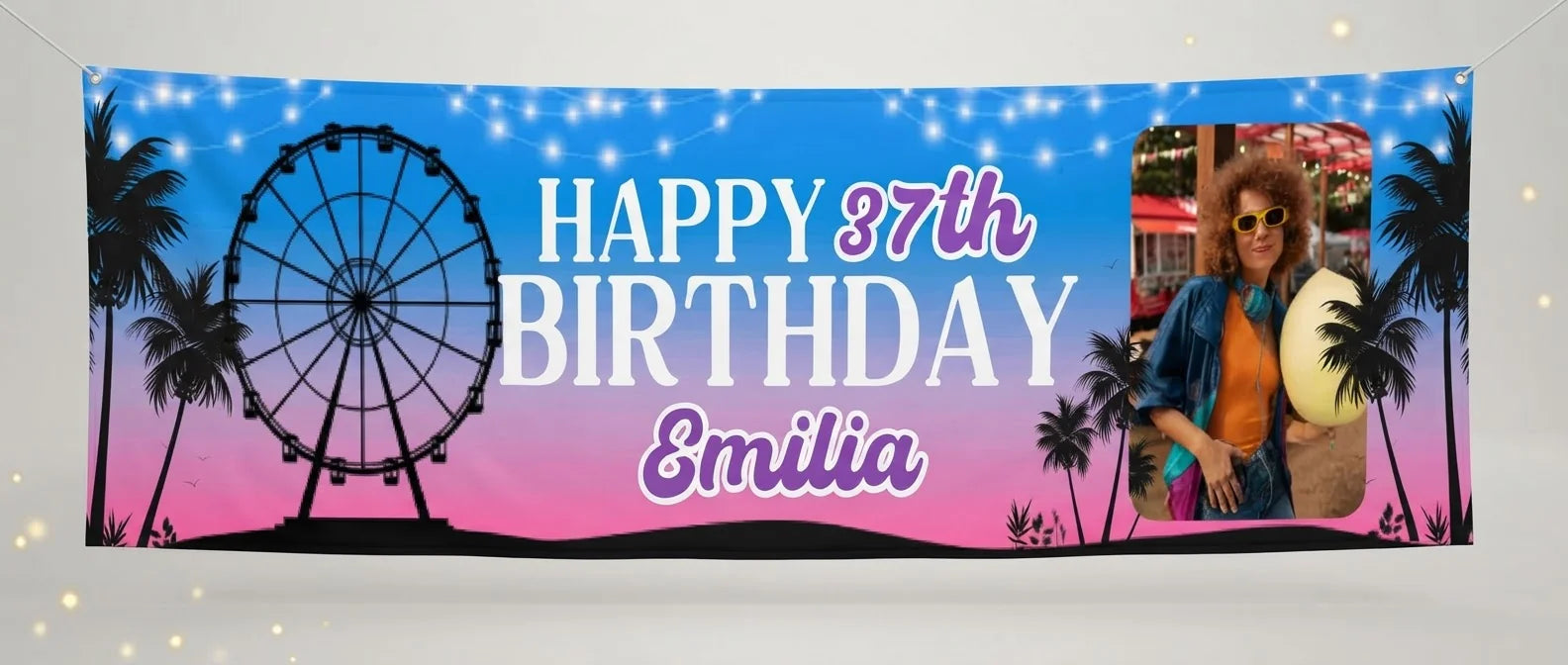 Personalised Coachella Theme Birthday Party Banner displayed against a plain studio background