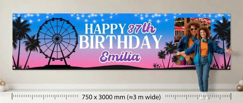 Person standing beside the Coachella Theme Birthday Party Banner for scale, with size guide showing 750 x 3000 mm