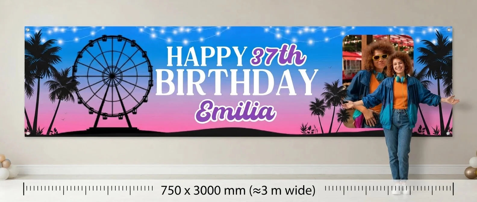 Person standing beside the Coachella Theme Birthday Party Banner for scale, with size guide showing 750 x 3000 mm