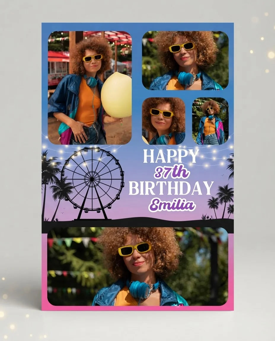 Personalised Coachella Theme Birthday Party Mega Card displayed against a plain studio background