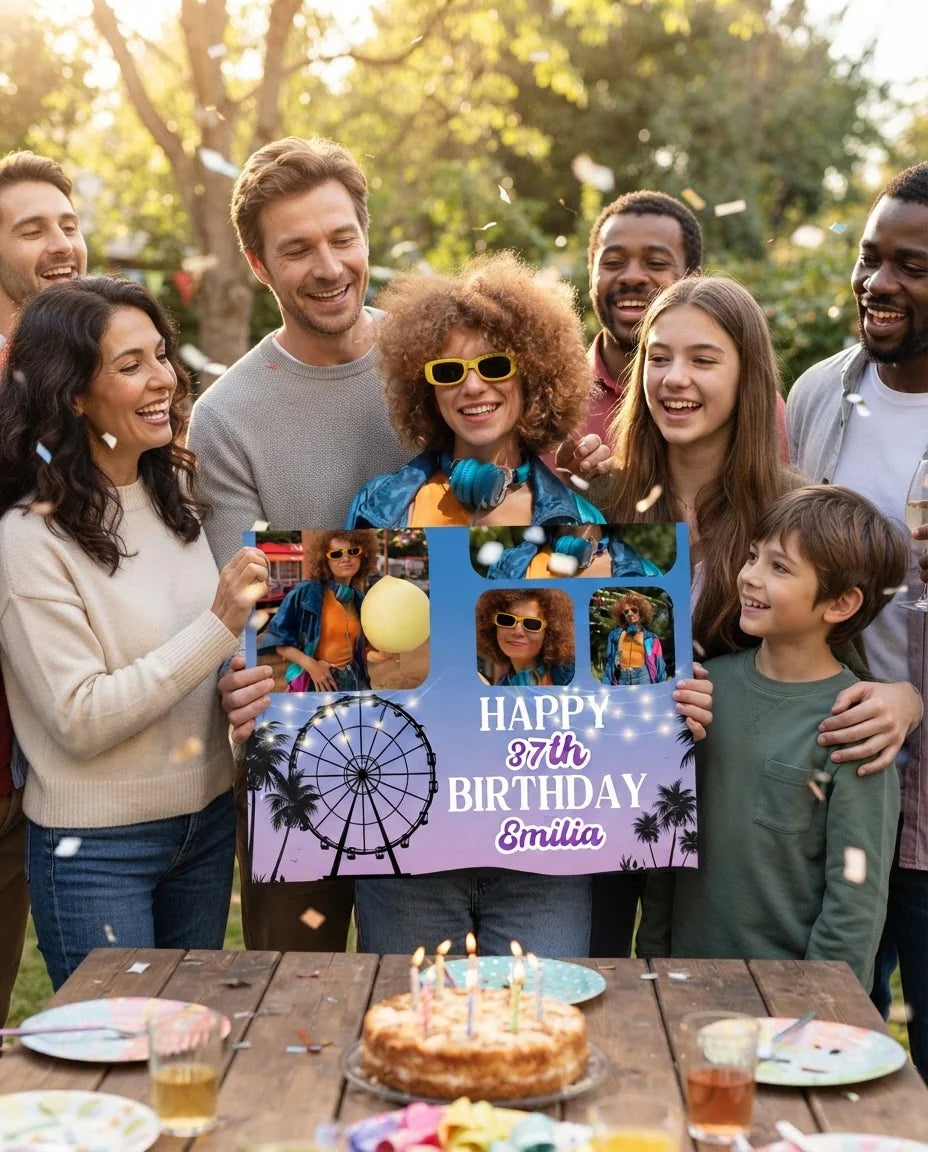 Friends and family celebrating with the personalised Coachella Theme Birthday Party Mega Card