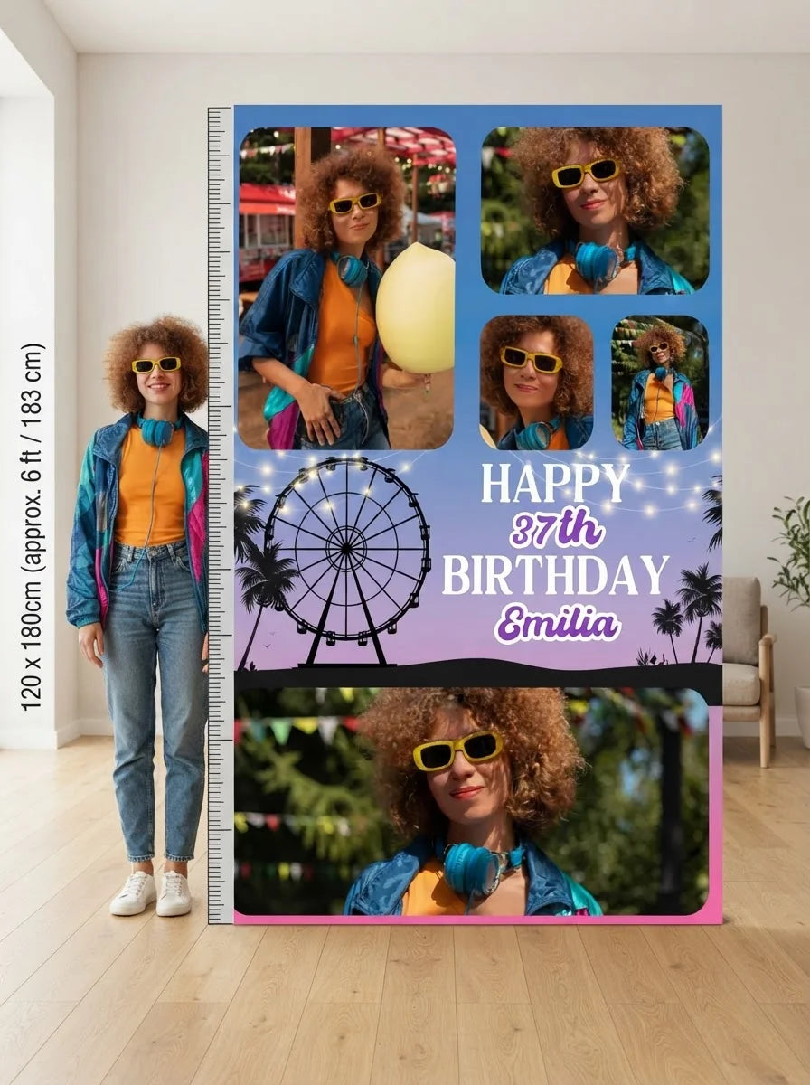 Person standing beside the Coachella Theme Birthday Party Mega Card for scale in a size guide
