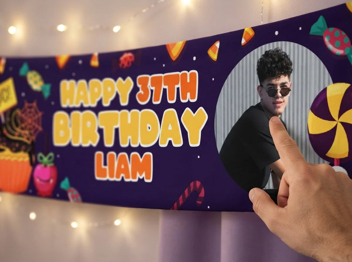 Close-up of the personalised name and photo printed on the Halloween Candies Theme Birthday Party Banner