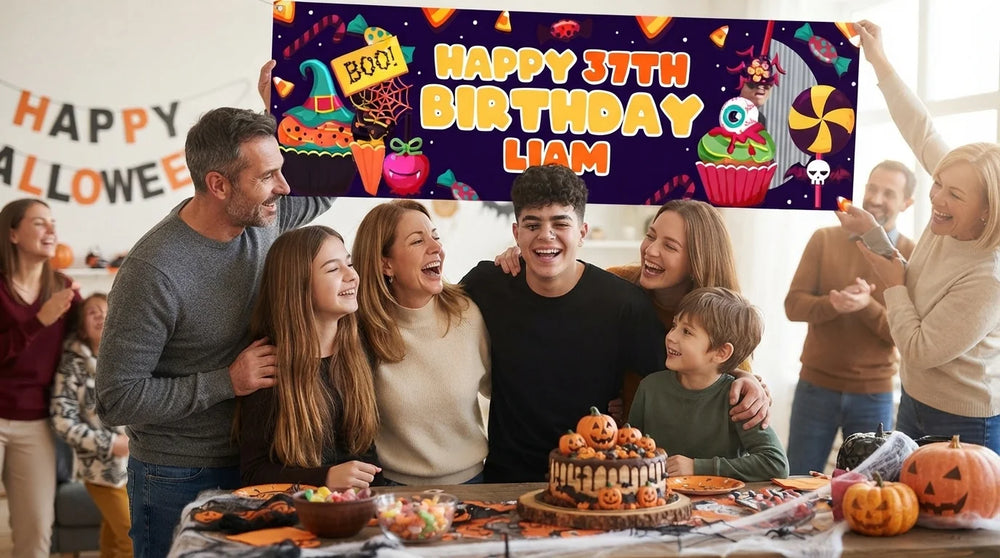 Friends and family celebrating with the personalised Halloween Candies Theme Birthday Party Banner