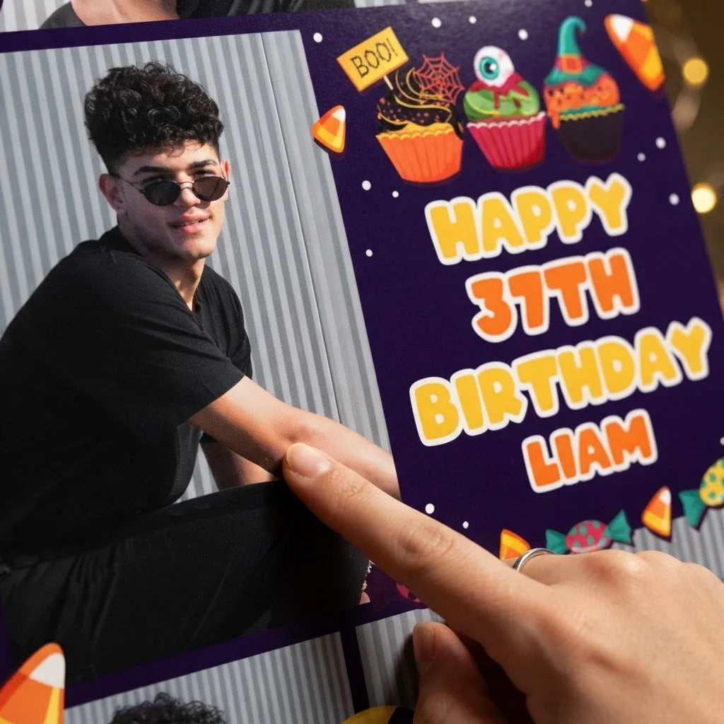 Close-up of the personalised name and photo printed on the Halloween Candies Theme Birthday Party Mega Card