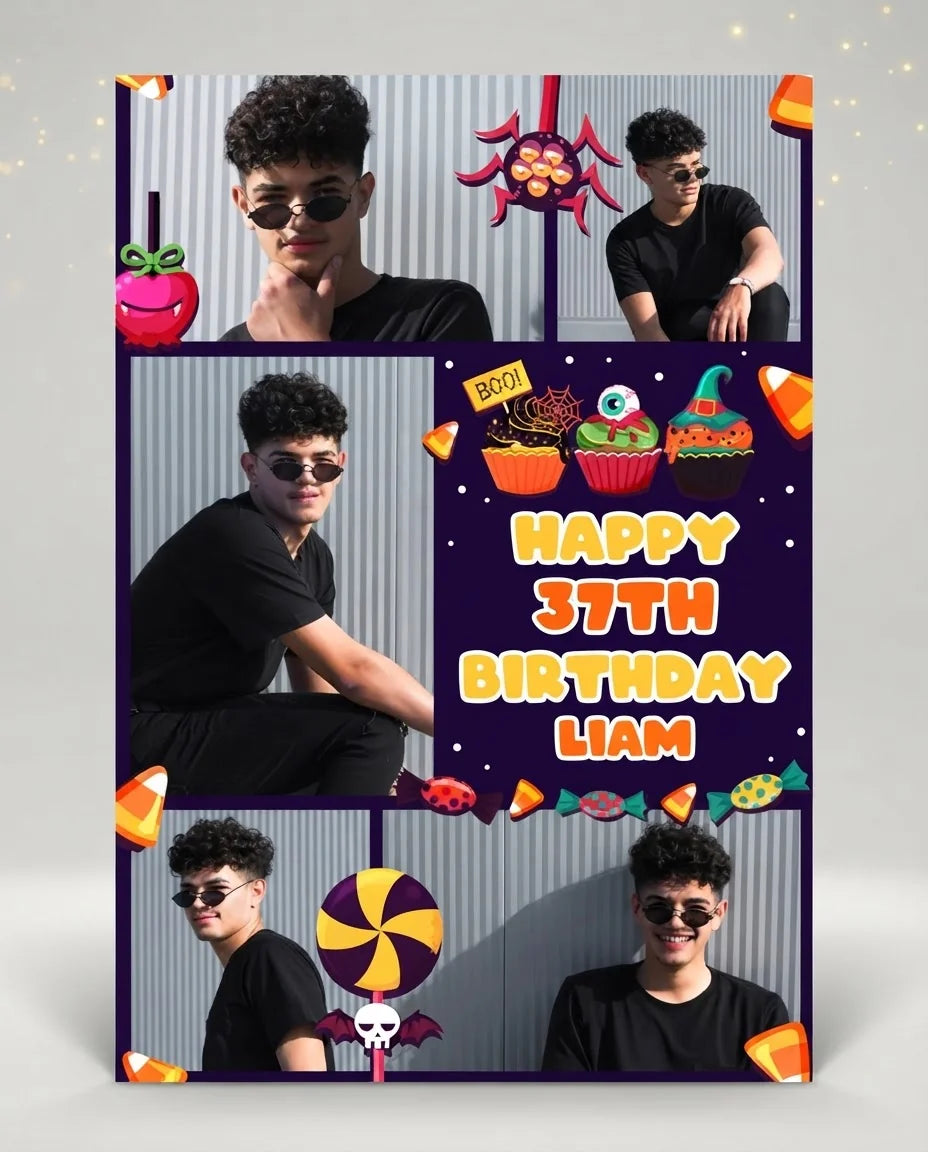Personalised Halloween Candies Theme Birthday Party Mega Card displayed against a plain studio background