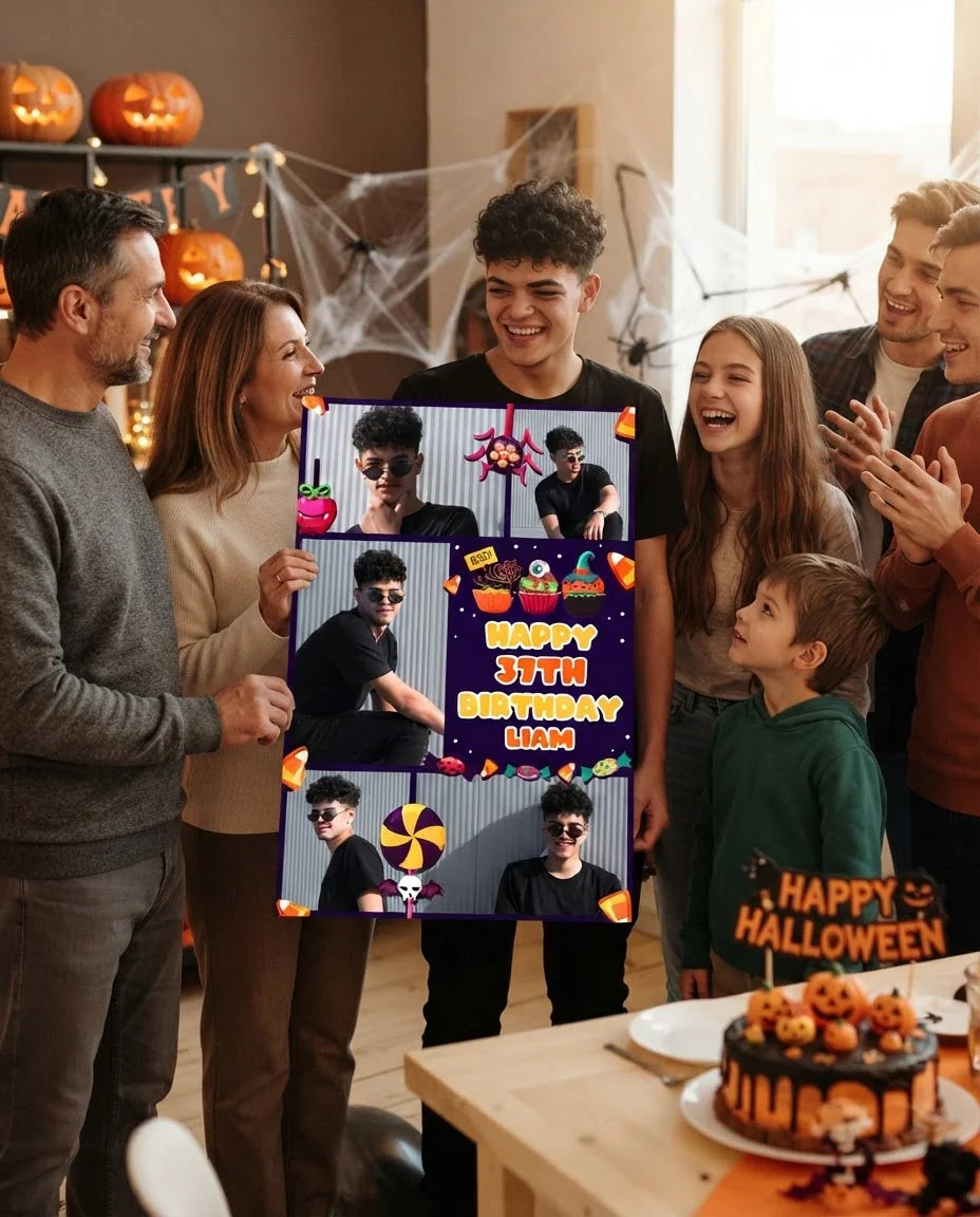 Friends and family celebrating with the personalised Halloween Candies Theme Birthday Party Mega Card