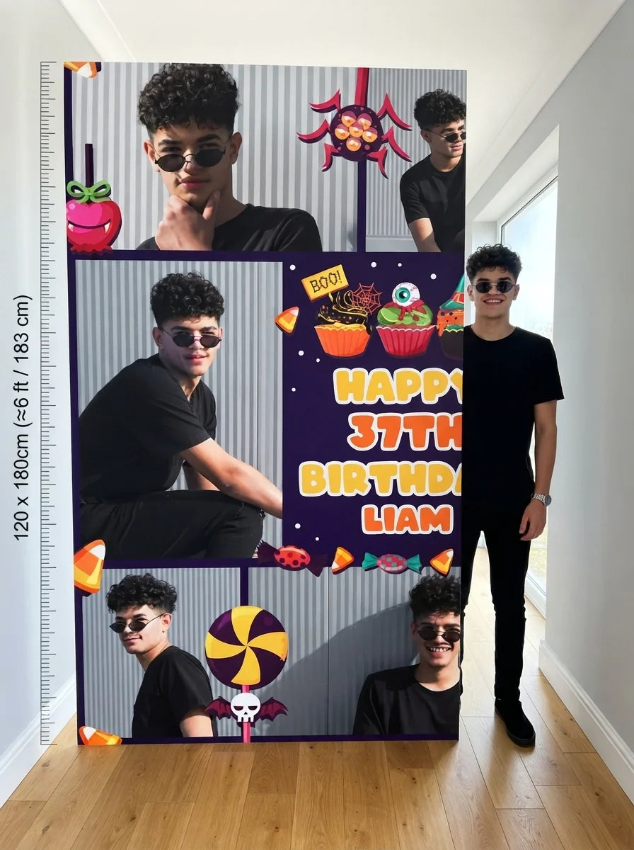Person standing beside the Halloween Candies Theme Birthday Party Mega Card for scale in a size guide