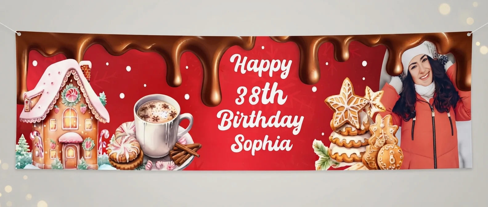 Personalised Christmas Cookies and Cocoa Birthday Party Banner displayed against a plain studio background