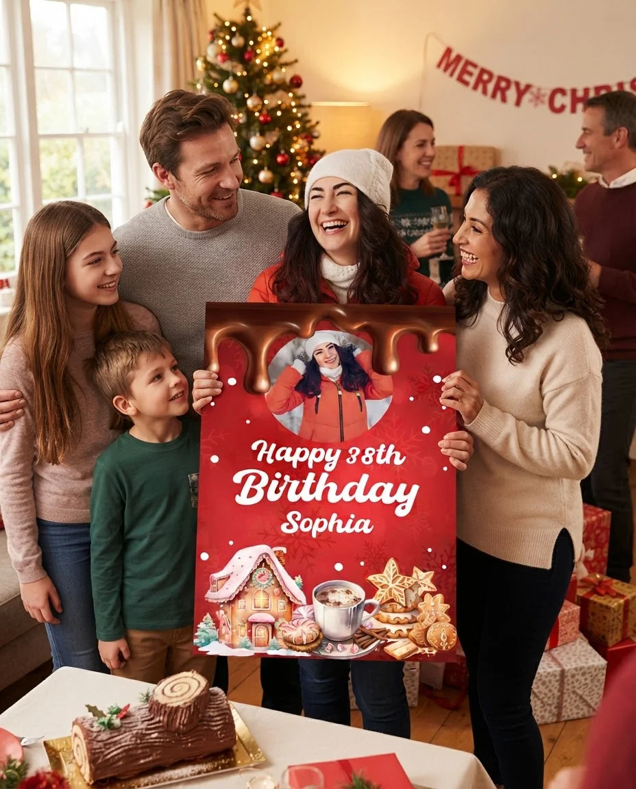 Friends and family celebrating with the personalised Christmas Cookies and Cocoa Birthday Party Mega Card