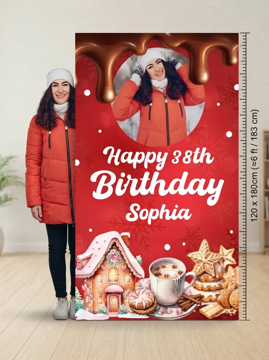 Person standing beside the Christmas Cookies and Cocoa Birthday Party Mega Card for scale in a size guide