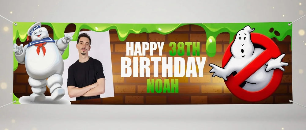 Personalised Ghostbusters Theme Birthday Party Banner displayed against a plain studio background