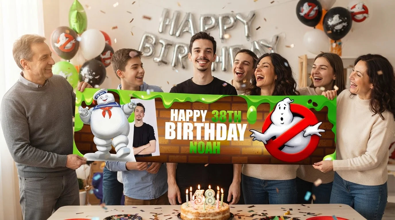 Friends and family celebrating with the personalised Ghostbusters Theme Birthday Party Banner