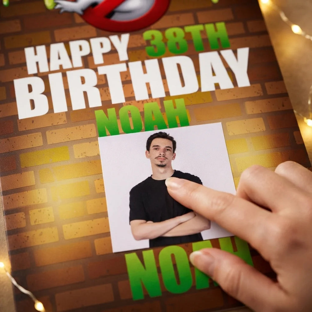 Close-up of the personalised name and photo printed on the Ghostbusters Theme Birthday Party Mega Card