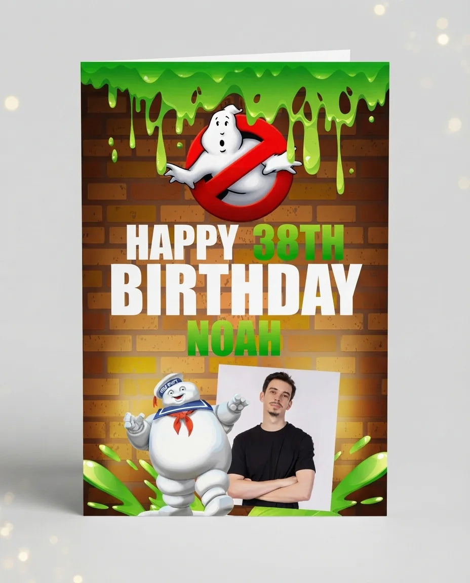 Personalised Ghostbusters Theme Birthday Party Mega Card displayed against a plain studio background