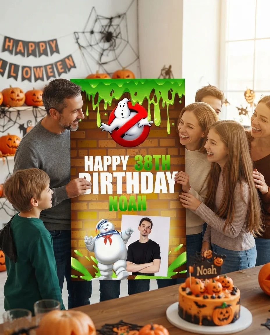Friends and family celebrating with the personalised Ghostbusters Theme Birthday Party Mega Card
