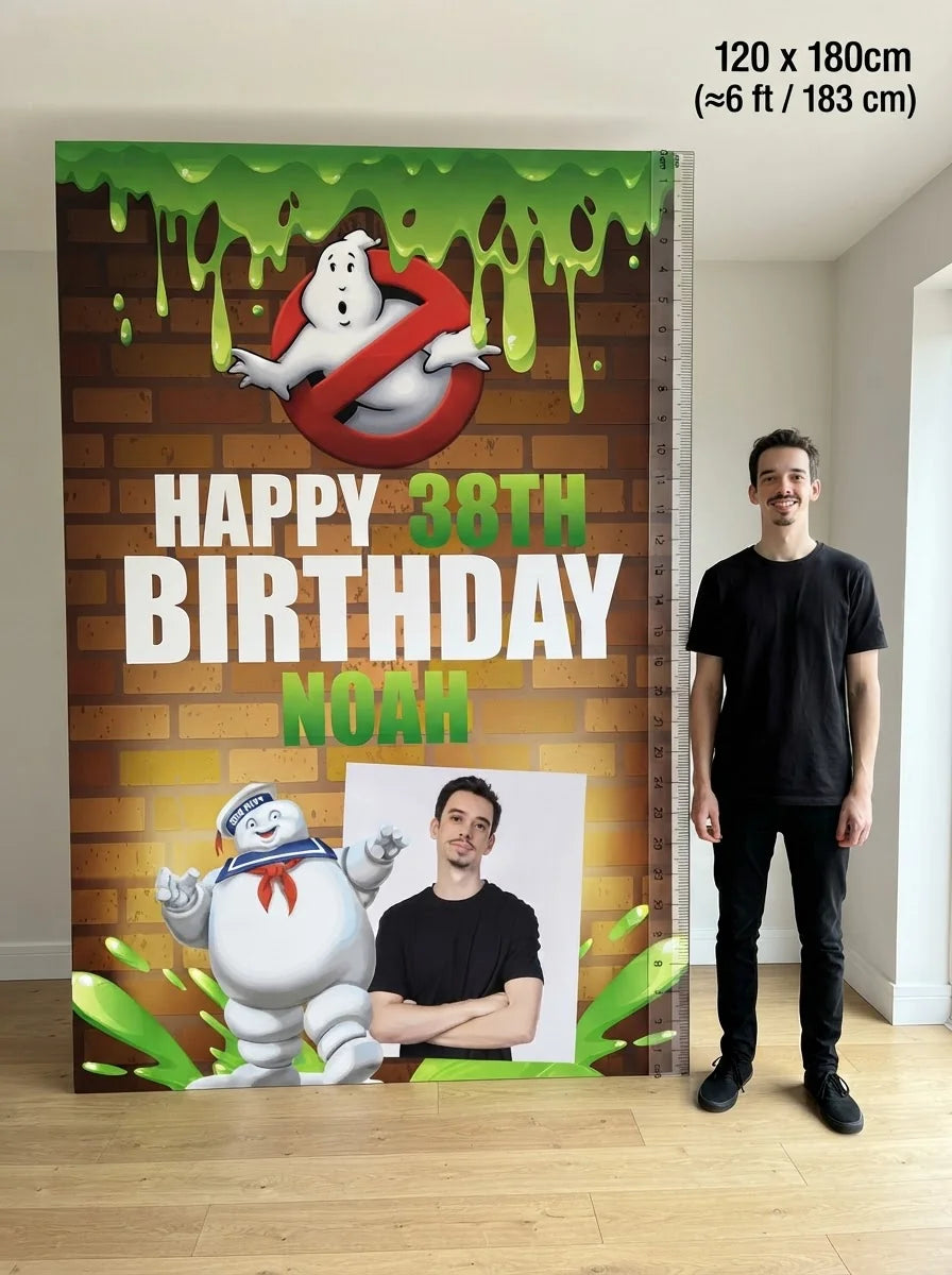 Person standing beside the Ghostbusters Theme Birthday Party Mega Card for scale in a size guide