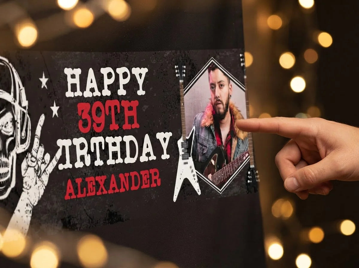 Close-up of the personalised name and photo printed on the Rockstar Theme Birthday Party Banner