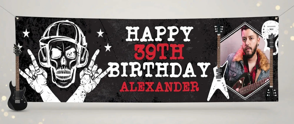Personalised Rockstar Theme Birthday Party Banner displayed against a plain studio background