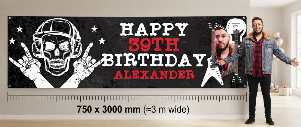 Person standing beside the Rockstar Theme Birthday Party Banner for scale, with size guide showing 750 x 3000 mm