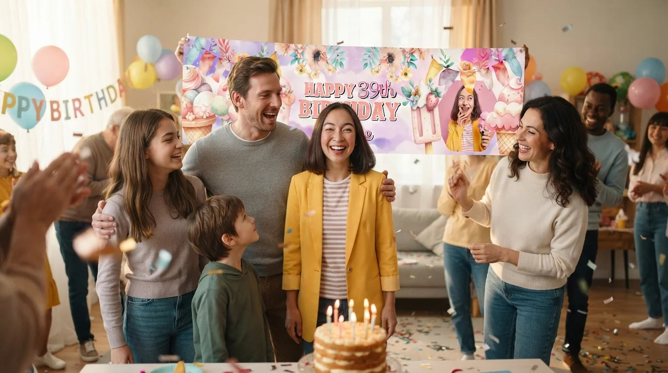 Friends and family celebrating with the personalised Whimsical Ice Cream Theme Birthday Party Banner