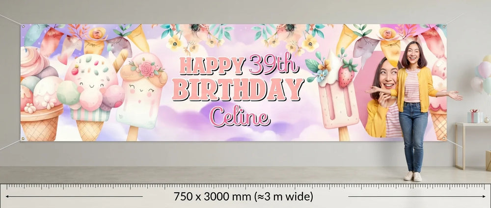 Person standing beside the Whimsical Ice Cream Theme Birthday Party Banner for scale, with size guide showing 750 x 3000 mm