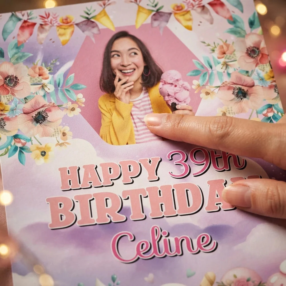 Close-up of the personalised name and photo printed on the Whimsical Ice Cream Theme Birthday Party Mega Card